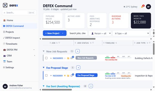 DEFEX Command board showing project control across active engagements.